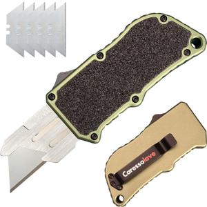 Automatic Utility Knife, Aviation Aluminium Changeable Blade Box Cutter, Double Action Auto Retractable Razor Knife, Out The Front Automatic Pocket Knife With 5pcs Spare Blades (Green-matte)