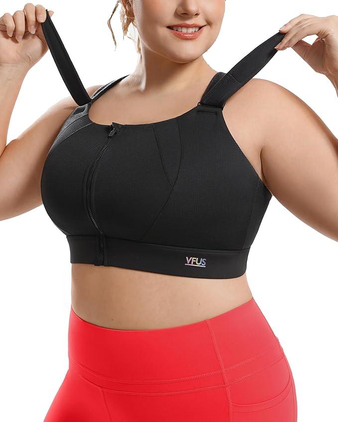 High Impact Sports Bras Non Pads Zip Front Adjustable Racerback Bra for Large Bust Women Workout Running,XL