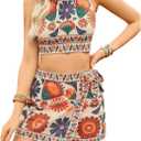 SweatyRocks Women's Tie Backless Tropical Print Halter Top and Shorts 2 Piece Vacation Outfits, Medium