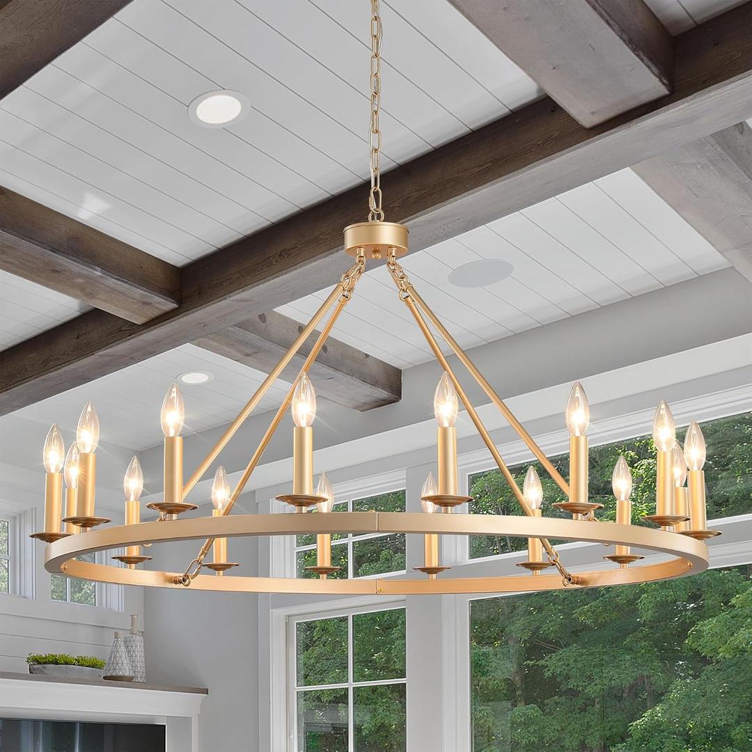 Gold Wagon Wheel Chandelier 40-Inch 16-Light,Extra Large Circle Rustic Farmhouse Light Fixture,Round Metal Chandeliers for Foyer Entryway Dining Room Living Room High Ceilings (E12 Base)