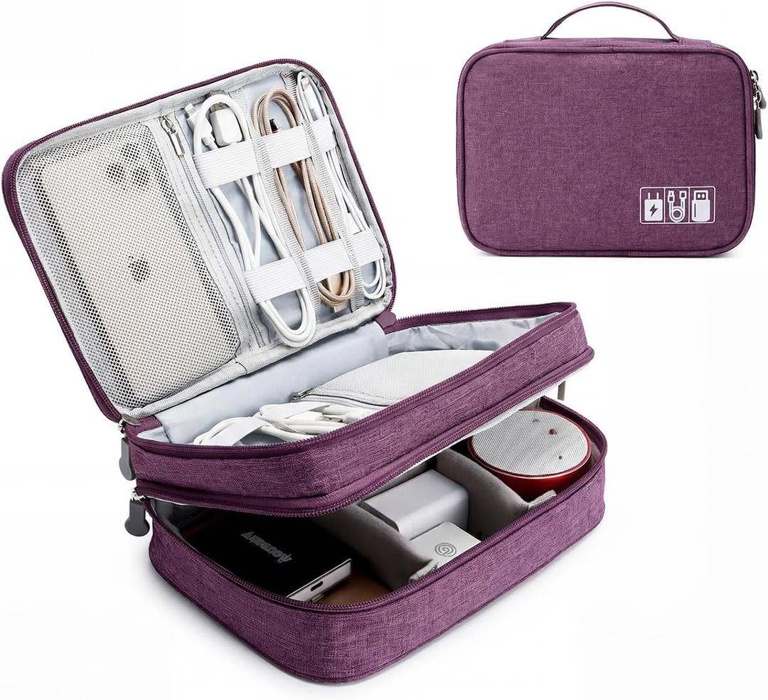 Lanola Travel Cable Organizer Bag, Electronic Accessories Case Portable Double Layer Cable Storage Bag for Cord,phone,Charger, Flash Drive, Phone, SD Card,Personal Items - (Purple)