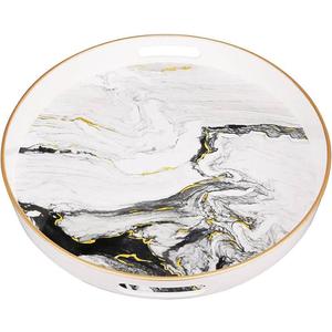 Round White Marbling Decorative Tray with Handles, 13" Morden Plastic Serving Tray for Coffee Table Bathroom, Ottoman, Home Decor 