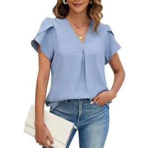 Blooming Jelly Womens Dressy Casual Shirts Short Sleeve V Neck Work Blouse Business Casual Summer Tops 2025 (Small, Haze Blue)