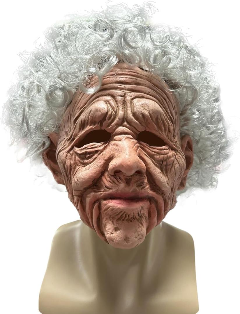 Old Women Mask Scary Realistic Wrinkle Granny Mask with Curls Halloween Funny Human Latex Cosplay Props for Party