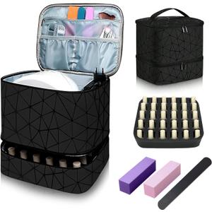 Nail Polish Organizer Case Double-Layer Nail Bag Storage PU Leather Waterproof Nail Organizer Holds 30 Bottles(15ml) and 1 Nail Lamp Large Travel Nail Supplies Shoulder Bag
