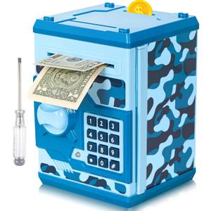 ATM Piggy Bank for Boys Girls, Vcertcpl Mini ATM Coin Bank Money Saving Box with Password, Kids Safe Money Jar for Adults with Auto Grab Bill Slot, Great Gift Toy Bank for Kids(Camouflage Blue)
