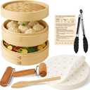 Bamboo Steamer Basket 10 Inch | 2 Tier Dumpling and Dim Sum Steamer for Bao Buns Vegetables and Asian Cooking | Bamboo Steaming Basket Set with Parchment Liners and Food Tongs