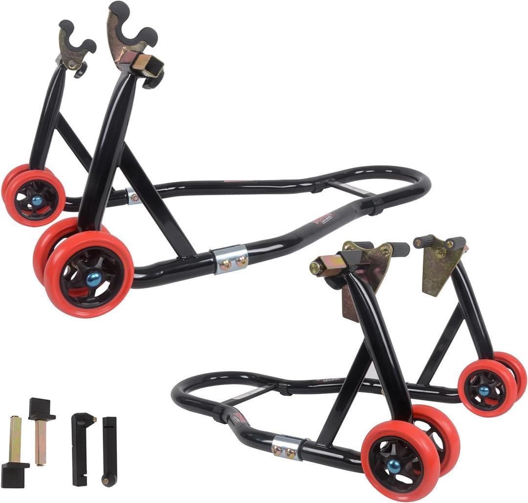 Motorcycle Front and Rear Stand Combo, Fits Most 17" Sport and Street Bikes with 4 Adapter Options, Reinforced Stable Lift for Garage Maintenance, Pre-Assembled Wheels 850 LBS Capacity