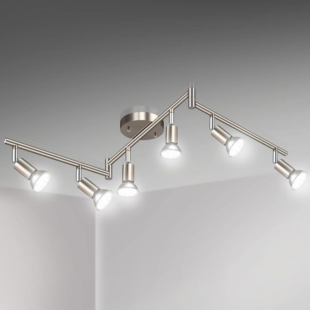 Unicozin LED 6 Way Ceiling Spot Lighting Kit - Matt Nickel, Flexibly Rotatable Light Head, Modern Track Light Included, 6 x LED GU10 Bulb (4W, 5000K Daylight, 400LM) (6 Light)