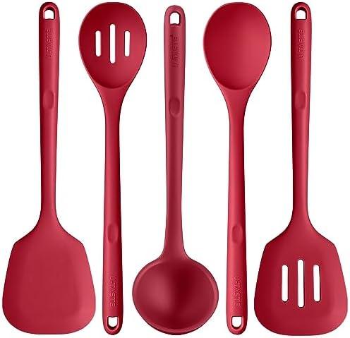 Silicone Kitchen Cooking Utensil Set: U-Taste High Heat Resistant 13.6in Long Kitchen Gadgets, BPA Free Non Stick Rubber Cook Accessories For Stir Frying, Serving, Basting, Mixing (5 Pieces, Red)