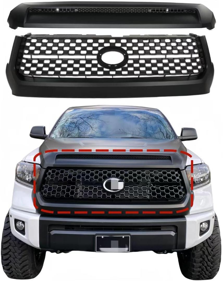 Front Grille Grill & Hood Bulge Fit For 2014 2015 2016 2017 2018 2019 2020 Toyota Tundra 2pc kit,Matte Black