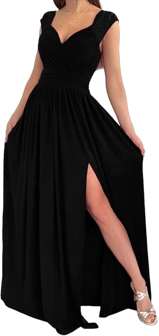 Womens 2025 Formal Dresses Wrap V-Neck Ruched Sexy Elegant Cocktail Bridesmaid Wedding Guest Maxi Dresses (XX-Large, Black)