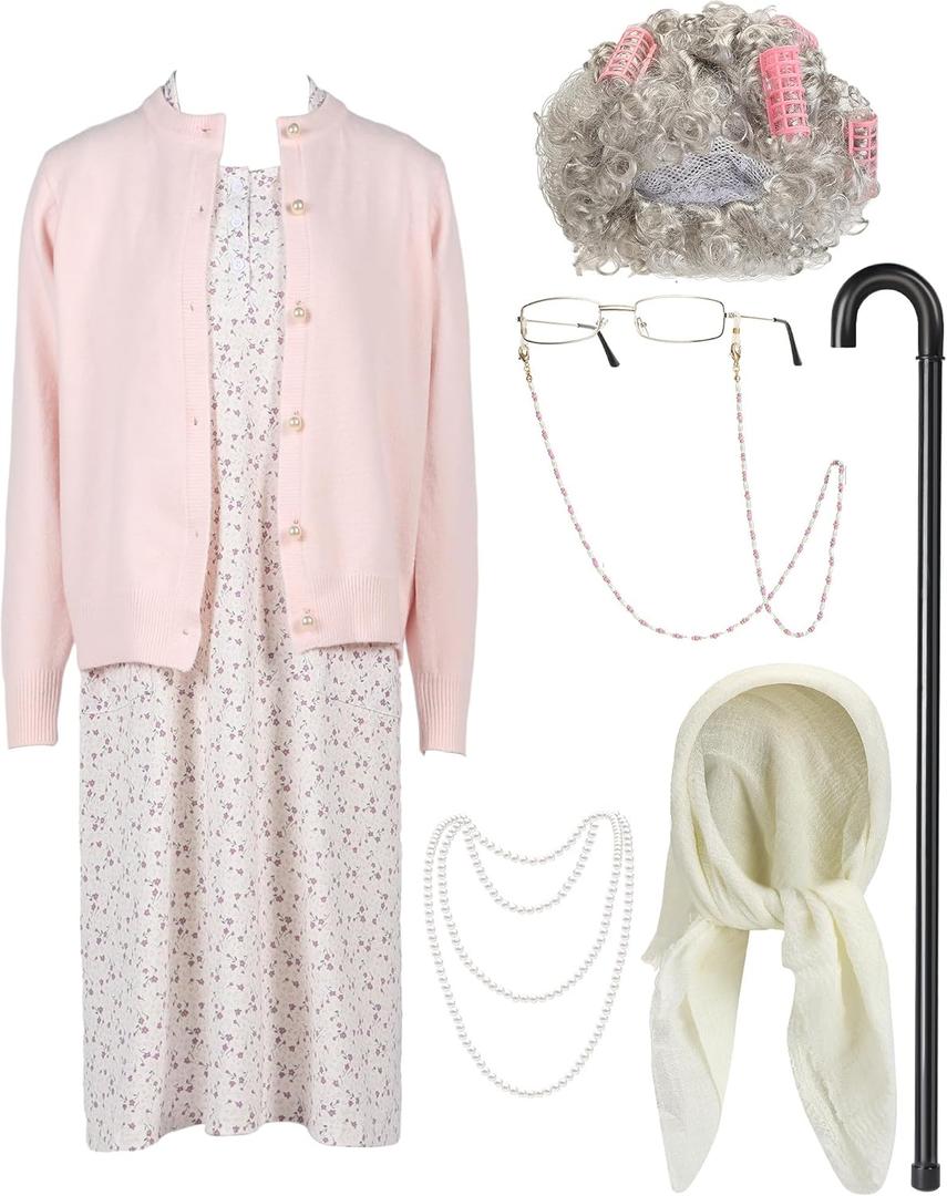 7 Pcs Halloween Old Lady Costume for Women Adult Grandma Costume Outfit Dress Granny Sweater Nightgown Wig (Large, Purple)