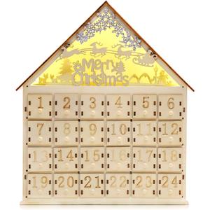CCINEE Christmas Wooden Advent Calendar with LED Light 24 Storage Drawers Christmas Countdown Calendar for Holiday Decoration