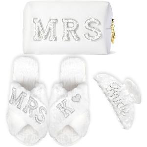Personalized Initial Wedding Bride Slippers, Bride to Be Gifts, Bridal Shower Gifts, Bride Hair Clip MRS Makeup Bag (White)
