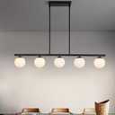 HuisMier 5 Lights Modern Globe Linear Pendant Lighting, Farmhouse Black Chandelier with White Glass Shade, Mid Century Globe Pendant Light Fixture for Dining Room Living Room Kitchen Bedroom
