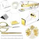 DRQ Gold Desk Accessories, Office Supplies Acrylic Stapler Set, 10Pcs Set for Office with Stapler, Tape Dispenser, Pens, Pen Holder, Phone Holder, Tape, Ruler, 1 Box Staple, Scissors and 1 Box of Clip