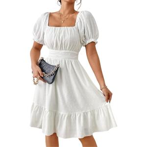 LIGHT DOT Women's Summer Short Dress Tie Back Milkmaid Dress Swiss Dot Puff Sleeve Square Neck Casual (White,S)