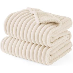 Bedsure ComfyFleece Waterproof Dog Blankets for Small Dogs - Soft Puppy Cat Blanket Corduroy Fleece Washable, Cozy Calming Reversible Furniture Protection for Pet Kitten Doggy,25"x35", Cream