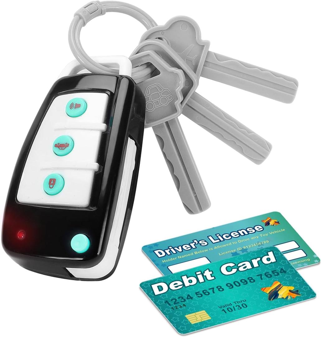 Car Key Playset, Remote Car Key Toy with Light and Sounds, Pretend Play Keys with Cards for Boys and Girls, Travel Toys for Toddlers, Babies (Black)