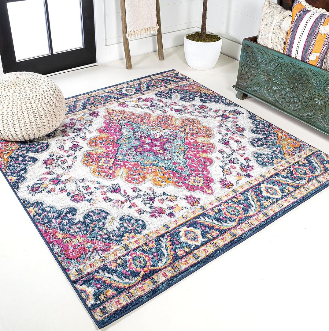 JONATHAN Y Boho Vintage Blue/Multi 4x4 Square Area Rug, Bohemian Flair Medallion, Floral Easy-Cleaning High Traffic for Living Room, Bedroom, Kitchen, Pet-Friendly, Non Shedding (BMF106A-4SQ)