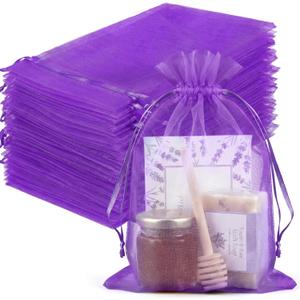 FUNFERY 100 Pcs Purple Organza Bags 6.5x9 in, Small Mesh Drawstring Gift Bags for Sachet, Jewelry, Candy, Wedding Favor, Easter Day