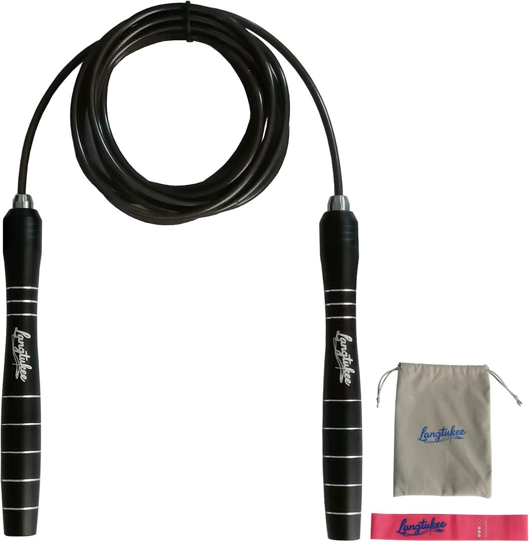 LANGETUKEE Speed Jump Rope - Professional Aluminum Alloy Skipping Rope with 360 Bearings - Adjustable 4mm Steel Cable for Double Unders, Boxing, MMA, HIIT & Cardio Training - Anti-Slip Grip (Black)