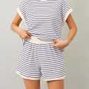 MISSACTIVER 2 Piece Lounge Set Women Stripe Knit Short Sleeve Tee Shirts Shorts Casual Summer Loungewear Shorts Sets (M)