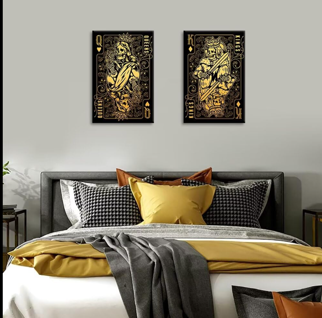 HJL Art Poker Wall Art Playing Card Painting for Game Room Living Room Bedroom King and Queen Pictures Canvas Prints Men Women Gift Framed 2 Planes (24''W x 32''H x2)