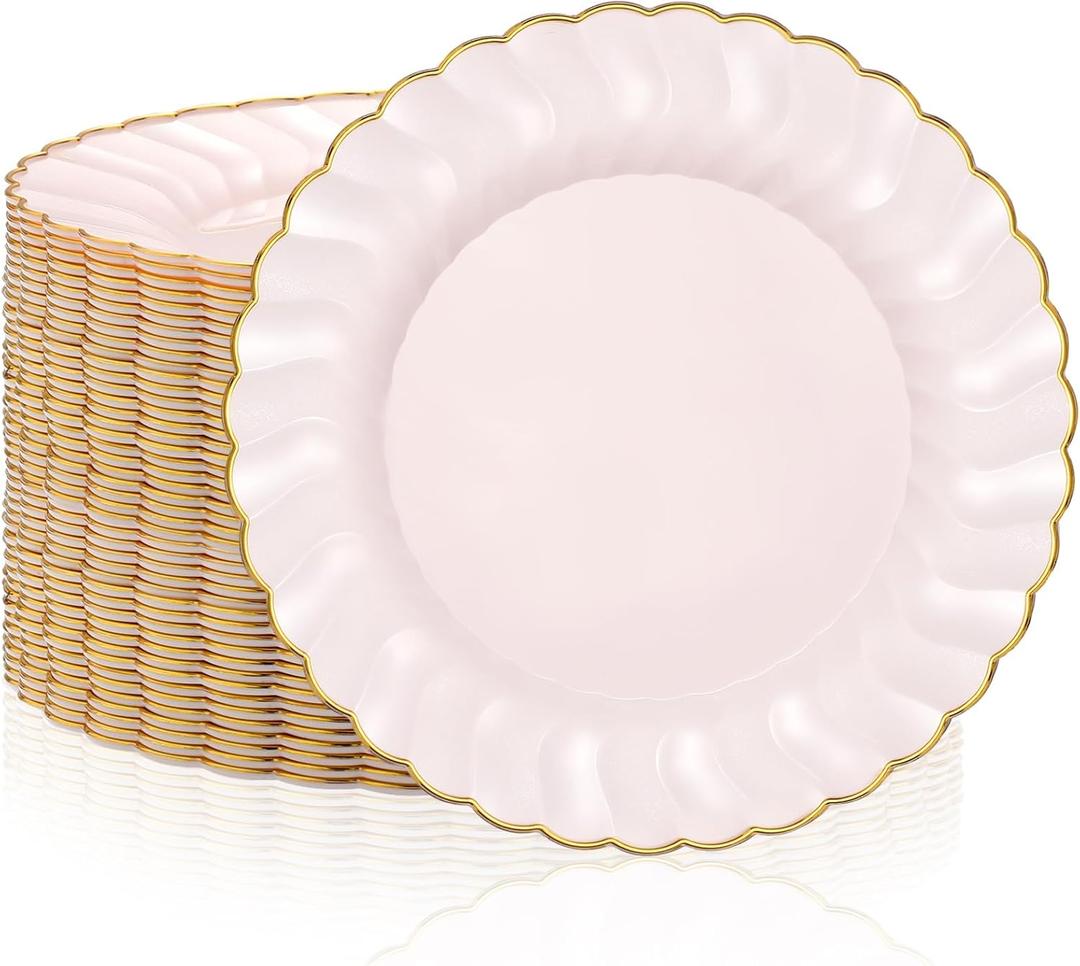 Hushee 50 Pcs Plastic Plates with Gold Trim 6'' Small Round Disposable Vintage Dessert Plates for Party Birthday Buffet Wedding Catering Celebration Reception (Pink)