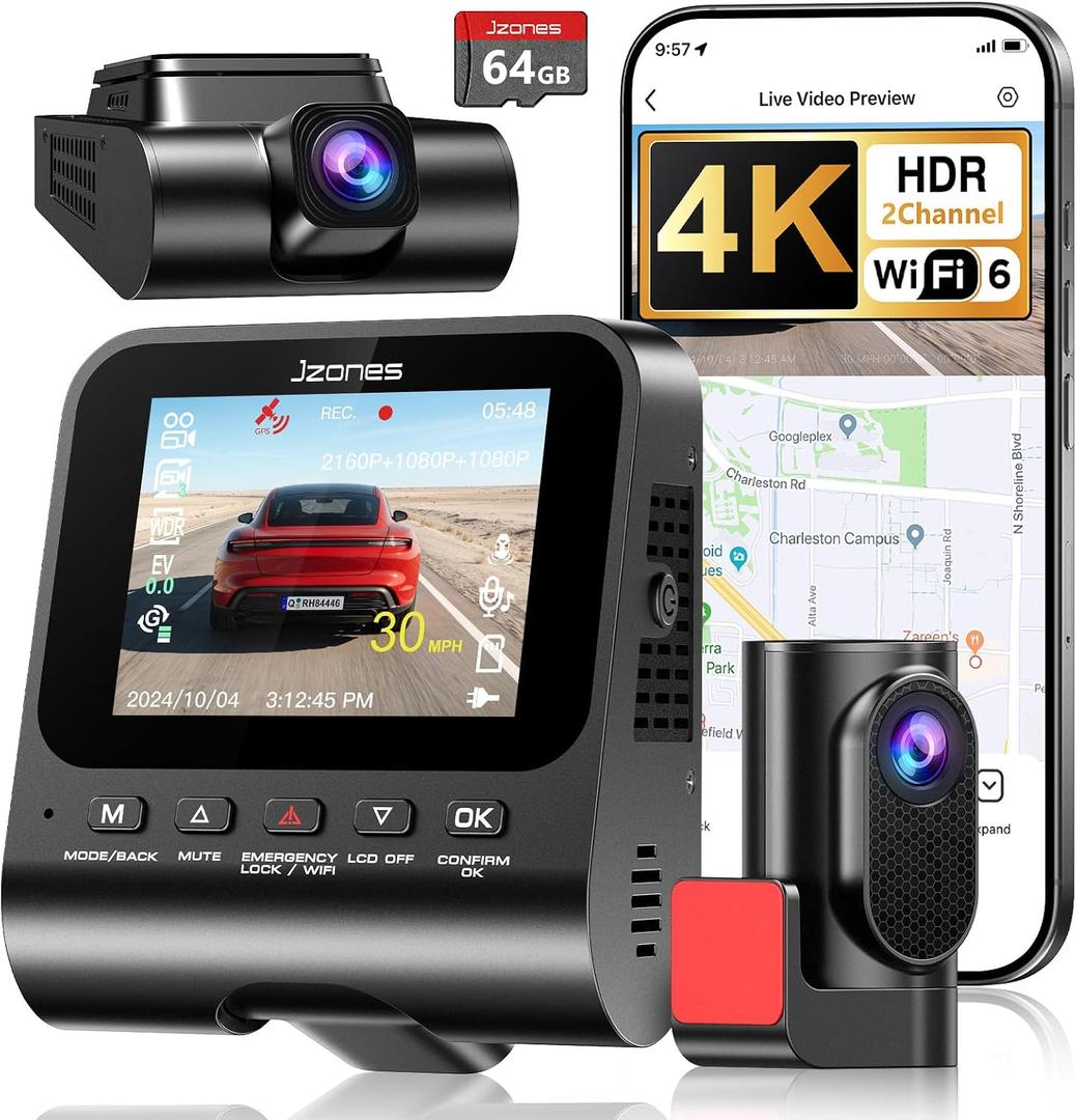 4K Dash Cam Front and Rear, HDR Night Vision Dash Camera for Cars 64GB Card 5.8GHz WiFi6 up to 20MB/s APP Control Dash Cams Built-in GPS, G-Sensor, Loop Recording, 170Wide Angle, 24H Parking Mode