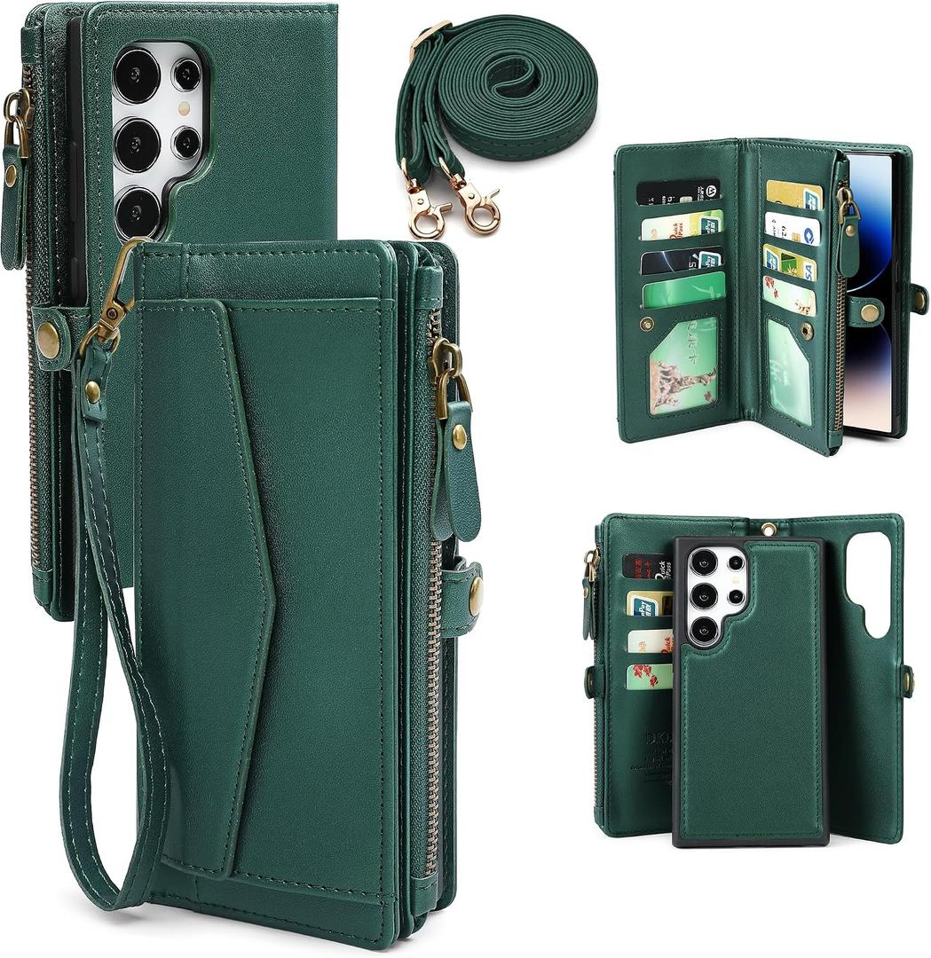 for Samsung Galaxy S24 Ultra Wallet Case for Women, [Wireless Charging] [RFID Blocking] [12 Card Holder], Leather Detachable Magnetic Strap Phone Case for Galaxy S24 Ultra 6.8", Blackish Green