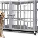 aboxoo 48/42 inch Heavy Duty Metal Dog Crate for 2 Dogs/Large Dog,All Metal Open Top,Dog Kennel Indoor with Wheels,Floor Grid, Tray, Divider and Feeding Bowl (Sliver)