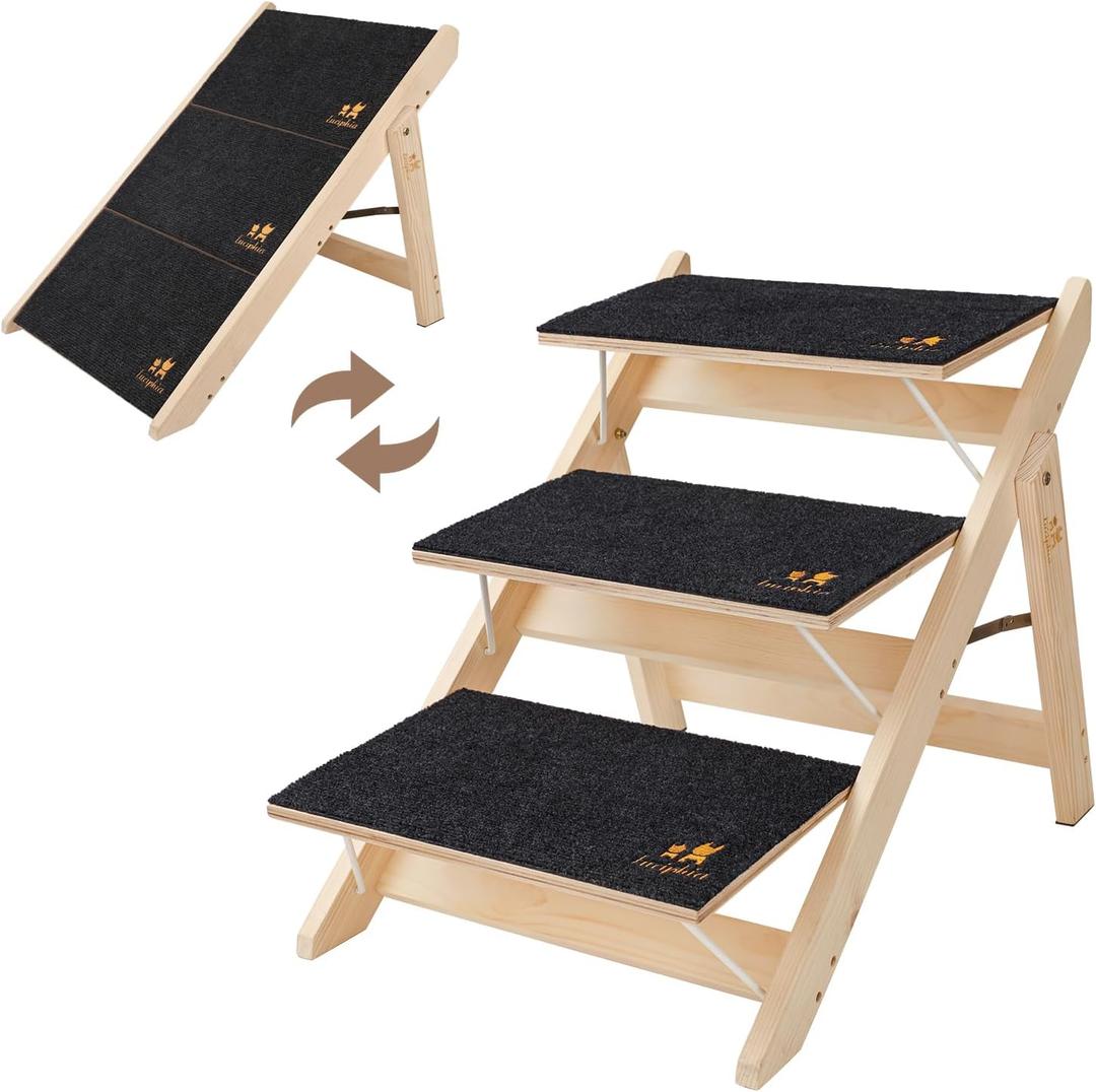 Luciphia Wooden Dog Stairs for Small Dogs 2-in-1 Foldable Dog Steps for Beds Cars Couch Anti-Slip Pet Ramp with 3 Steps Indoor Pet Stairs for Medium Large Older Pets Cats up to 220lbs