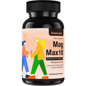 MagMax10 Magnesium Complex Supplement 500mg, 10 Forms of Magnesium: Glycinate, Malate, Citrate and More - Maximized Absorption for Sleep, Muscle, Heart and Brain Health - 90 Capsules, Expiry: 03/20/2026
