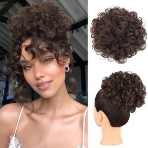 Matthia Messy Bun Hair Piece Curly Wavy Drawstring Ponytail Extensions for Black Women, Synthetic Loose Wave Large Curly Brown Ponytail Extension Clip on Hair Bun Hair Pieces for Women (M30A#)