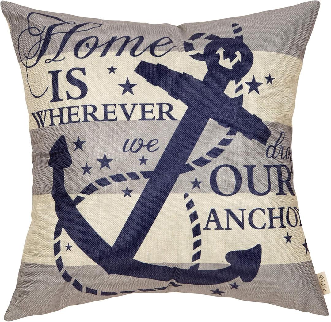 Fjfz Nautical Farmhouse Decorative Throw Pillow Cover 18x18 Home is Wherever We Drop Our Anchor Quote Sign Summer Ocean Cruise Lover Decoration Home Decor Cotton Linen Cushion Case for Sofa Couch