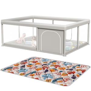 Baby Playpen with Mat 65 x 50 Inch, PlayPen for Babies and Toddlers, Sturdy Safety Play Yard for Indoor & Outdoor with Zipper Gates