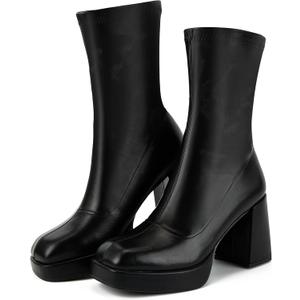 Putu Platform Boots for Women,GoGo Boots,Square Toe Sock Boots Chunky Heel Ankle Boots Pull on Booties (8.5, Black)