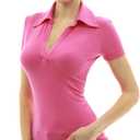 AmélieBoutik Women Collared V Neck Short Sleeve Polo Shirt (Pink, S)