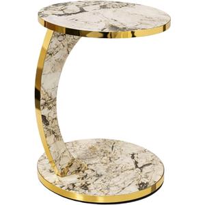 Luxury C Shaped Golden Effect Side Table with Wheels, Premium Faux Marble Round End Table with Gold Trim Edge, Elegant Slide Under Couch, Sofa for Living Room Small Spaces (White Marble)