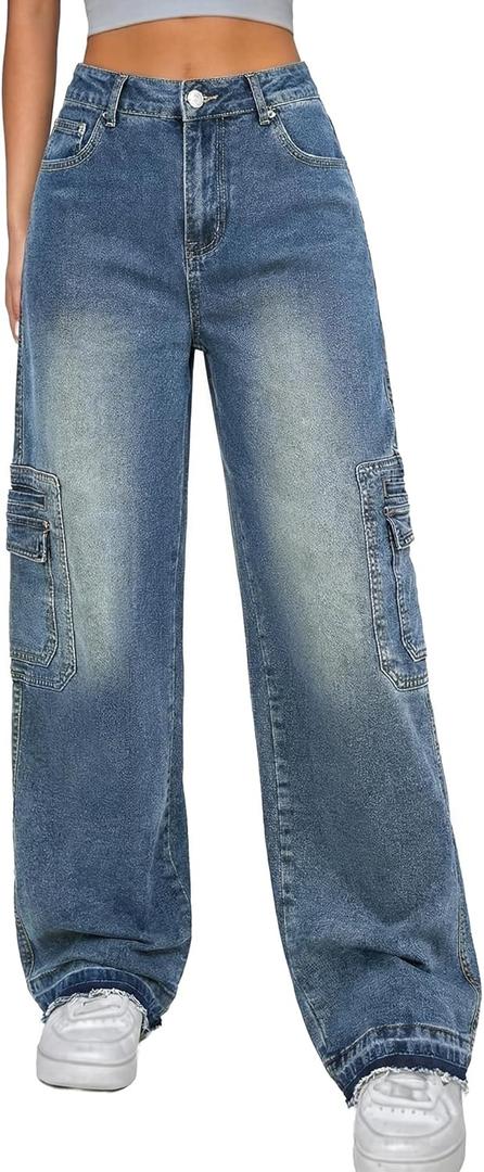 EMMIOL Cargo Pants Women Stretchy Wide Leg Baggy Jeans with Pockets Casual Trousers Y2K Vintage Streetwear Trendy 2026 (10, Mid Blue01)