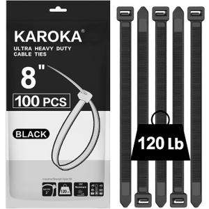Zip Ties 8 inch Heavy Duty Zip Ties with 120 Pounds Tensile Strength, Black Cable Ties, 100 Pieces, by Karoka