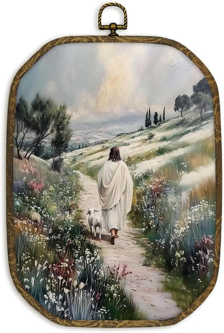 2 x nvucamd Vintage Christian Jesus Lamb Wall Art Decor Framed, Religious Jesus Leaves the 99 Sheep Christ Octagon Canvas Prints Wall Art, Rustic Bible Shepherd Easter Hanging Decor for Living Room Bedroom, 10.2x7