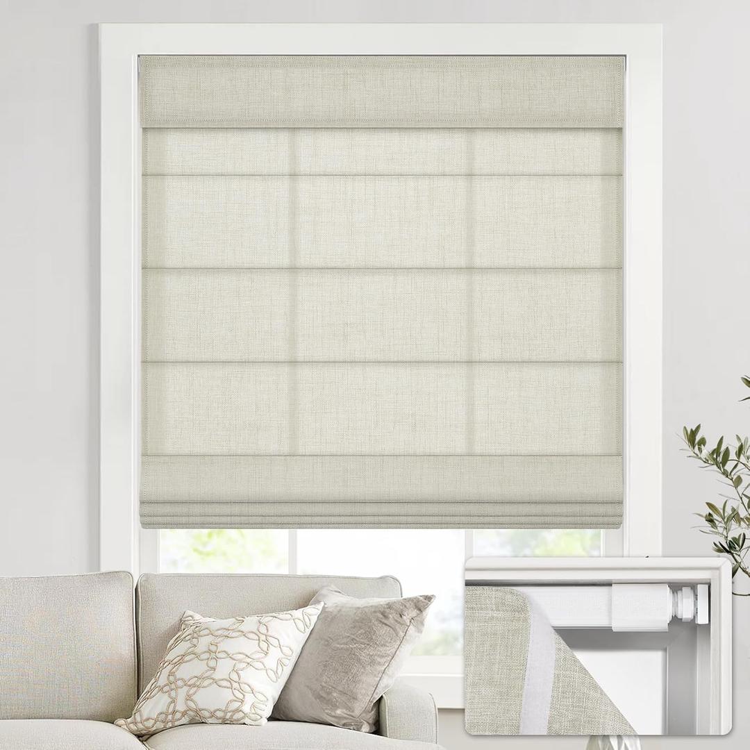no Drill Cordless Roman Shades for Windows, 25" W  64" H - Light Filtering - Linen - Beige