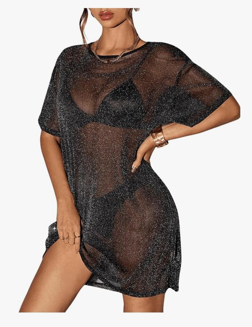 Floerns Women's Glitter Sparkly Short Sleeve Sexy Party Dress Sheer Mesh Loose Club Rave Concert Festival Short Dress ,Black,  XS