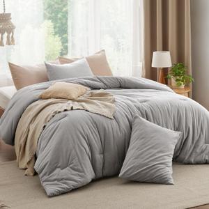 Bedsure Comforter Set Queen Size - Cotton Fabric with Microfiber Inner Fill, Grey Stone Color Soft Bed Set for All Seasons, 3 Pieces, 1 Comforter (82" x 86") and 2 Pillow Cases