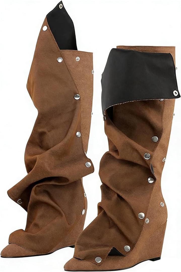 pinokino Wedge Heel Shark Boots for Women Knee High Foldover Ruched Scrunch Stiletto Heel Snap Buttons Pull on Slouchy Boots Denim Brown, Size 11