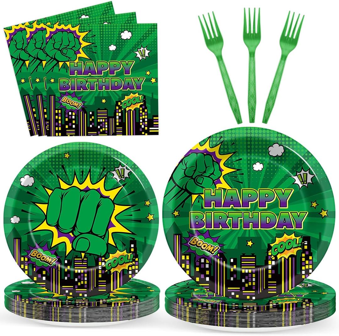 96Pcs Green Hero Paper Plates and Napkins Super Theme Birthday Party Supplies Green Hero Disposable Dinnerware Tableware Set for Kid Cartoon City Cityscape Baby Shower Table Party Decoration Serve 24