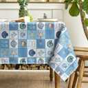 Horaldaily Summer Tablecloth 6084 Inch Rectangular, Patchwork Style Sealife Shells Starfish Seaweed Conch Light Blue Washable Seasonal Table Cover for Party Picnic Dinner Decor